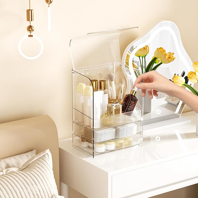 GearFusion 3 Tier Clear Cosmetic Organizer, Makeup Display Case with Lid & Drawers, Countertop Dresser Vanity Storage Box, Be
