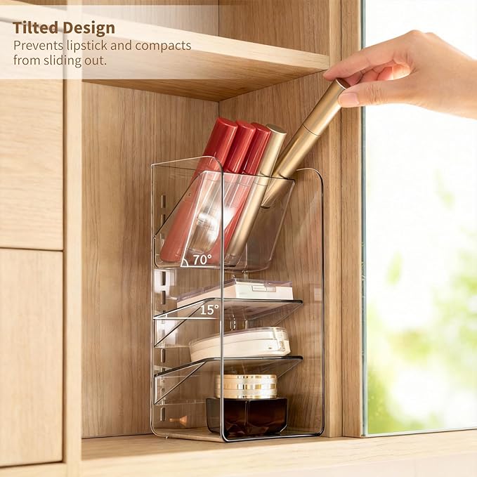 PAVSTINE Medicine Cabinet Organizer with Adjustable Dividers, Clear Vertical Layered Backward Slanting Shelves for Makeup Bru