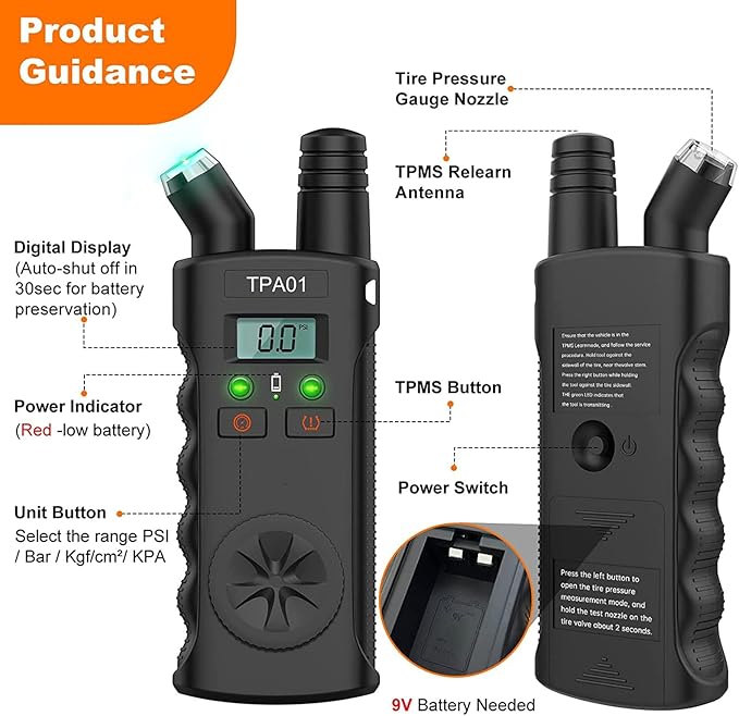 2 in Digital Tyre Pressure Gauge TPMS Relearn Tool with 4 Setting Ranges Auto Off Feature Ideal Replacement for Suitable for Cars Motorcycles Tire Pressure Sensor Activation Tool