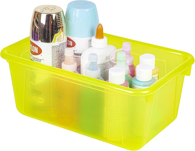 Storex Small Cubby Bins – Plastic Storage Containers for Classroom with Non-Snap Lid, 12.2 x 7.8 x 5.1 inches, Tint Yellow, 5