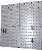 Wall Control Kitchen Pegboard Organizer Pots and Pans Storage Rack Organization Kit with Grey Pegboard and Red Accessories