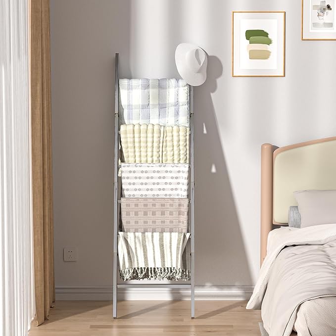Honest Blanket Ladders for The Living Room, 6-Tier Blanket Holder, Wall-Leaning Blanket Rack, Ladder Shelves, Wooden Quilt La
