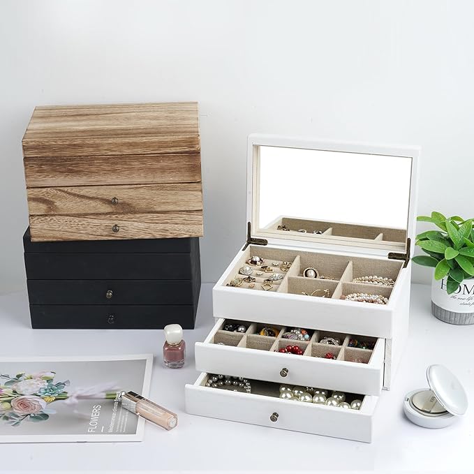 Meangood Jewelry Box Organizer for Women, 3 Layer Large Jewelry Storage Case, Rustic Wooden Jewelry Box with Mirror & Ring Tr