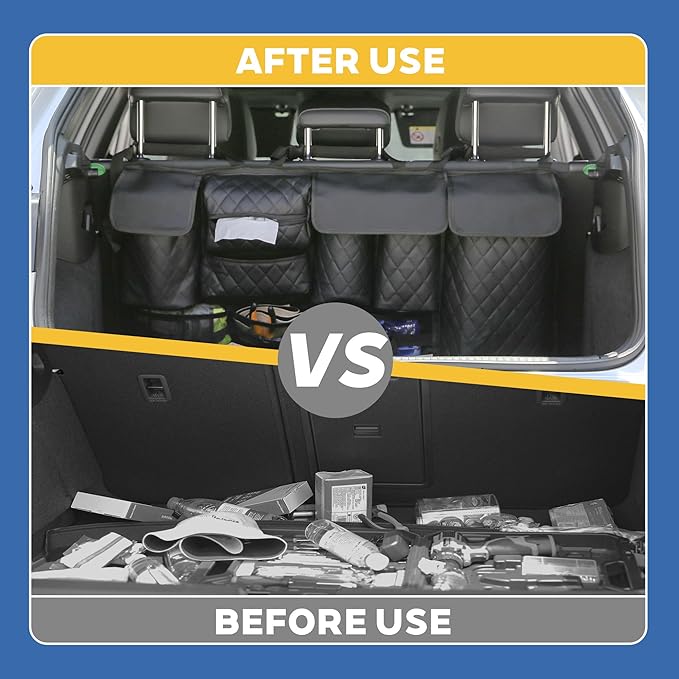 Backseat Hanging Organizer with Large Storage Bags | PU Leather, Large Capacity | Adjustable Straps, Waterproof & Collapsible |