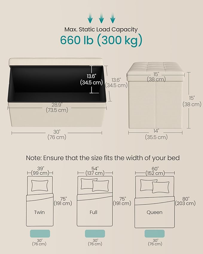 SONGMICS MAZIE Collection - 30 Inches Folding Storage Ottoman Bench, Ottoman Foot Rest, End of Bed Bench, Storage Chest, Load