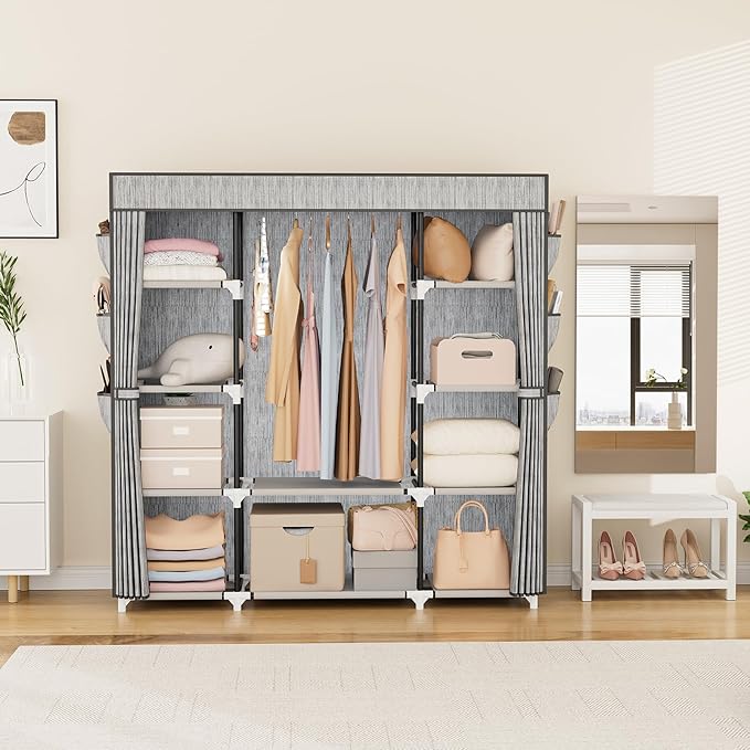 VTRIN Portable Closet Wardrobe for Hanging Clothes 57.3 Inch Large Capacity Clothes Rack with Cover, 10 Storage Organizer She