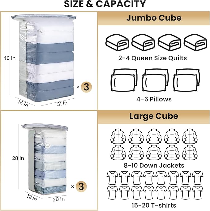 TAILI 6 Pack Vacuum Storage Bags, Cube Space Saver Bags Combo (3 Jumbo +3 Medium), Vacuum Seal Bags for Bedding, Clothing, Co