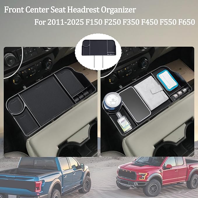 JDMCAR Upgrade Front Center Seat Headrest Organizer Compatible with 2011-2025 2026 Ford F150 F250 F350 F450 F550 F650 Accessories, Coin Container Storage Box with Non-Slip Silicone Mat(Jump Seat Only)