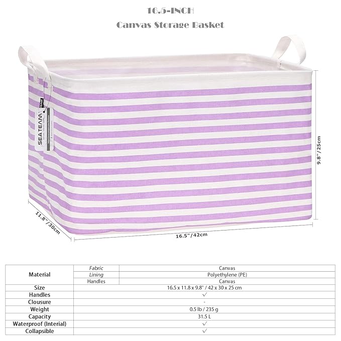Sea Team Collapsible Canvas Fabric Storage Basket with Handles, Rectangle Waterproof Storage Bin, Box, Cube, Foldable Shelf B