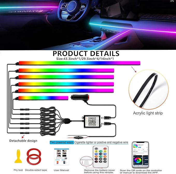 Interior Car LED Strip Lights, Acrylic LED Lights for Car with Dynamic Dreamcolor Chasing, 6 in 1 175 inches 593 LEDs Ambient Lighting Kits Music Sync Wireless APP and Remote Control