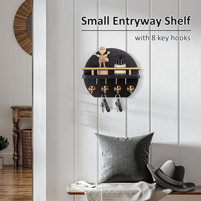 Nekon Key Holder for Wall - 9.8 Inch Apartment Wall Decor with Shelf and 8 Key Hooks, Circular Wood Key Hanger for Home Decor