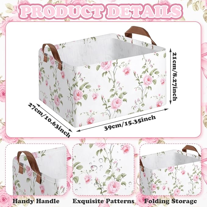 Boao 3 Pcs Pink Hydrangea Foldable Storage Baskets Pink Flower Laundry Basket with Handles Waterproof Storage Bins Fabric She