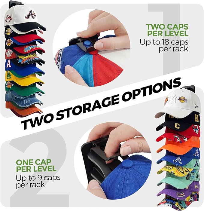 2 Pack Hat Organizer for Baseball Caps, Each Holds 18 Hats (36 Total), Customizable Wall Hat Rack, Adhesive or Screw-in Insta