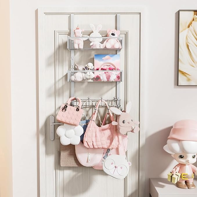 HapiRm Over The Door Hanger with Coat Hooks and 2 Baskets, Rustproof & Waterproof Over The Door Hooks, Storage Organizer for 