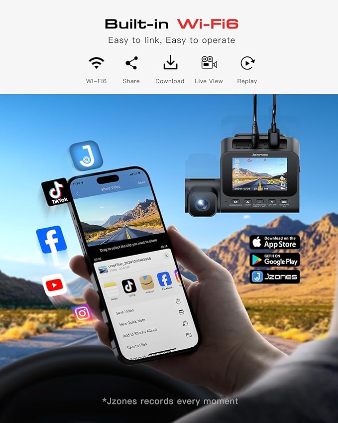 4K 3-Channel Dash Cam Front and Rear with Cabin, STARVIS 2 Sensor, Dash Camera for Cars with WiFi 6, G-Sensor, Loop Recording