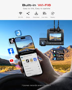 4K 3-Channel Dash Cam Front and Rear with Cabin, STARVIS 2 Sensor, Dash Camera for Cars with WiFi 6, G-Sensor, Loop Recording