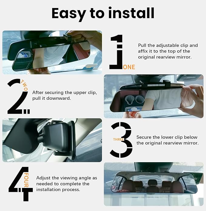Rear View Mirror, 12 Inch Chrome Anti-glare Panoramic Rear Mirrors Universal Convex Car Interior Clip on Extra Big Wide Angle Rearview Mirror Extender to Reduce Blind Spot for Car SUV Trucks