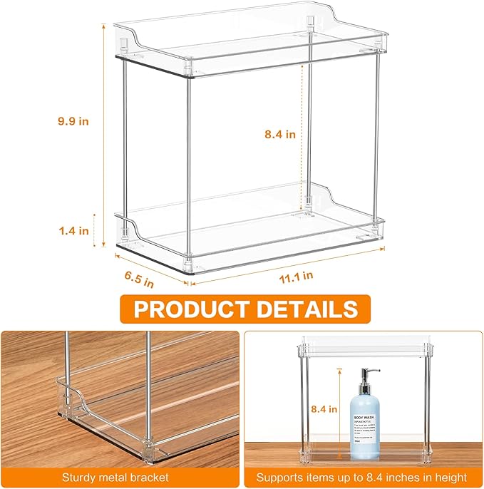 2 Tier Bathroom Counter Organizer, Clear Bathroom Counter Shelf for Vanity Countertop, Kitchen, Sink Storage, Tiered Skincare