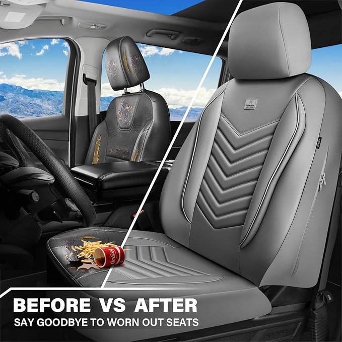CAR PASS 3D Foam Faux Leather Car Seat Covers Full Set, Waterproof Grey Leather Seat Cover for Cars, Luxury Universal Fit for
