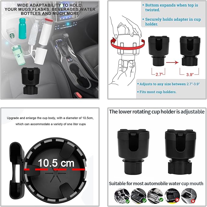Large Size Car Cup Holder Expander with Cell Phone Holder Adjustable Base U-Shaped Slot Cup Holder Adapter Compatible with Al