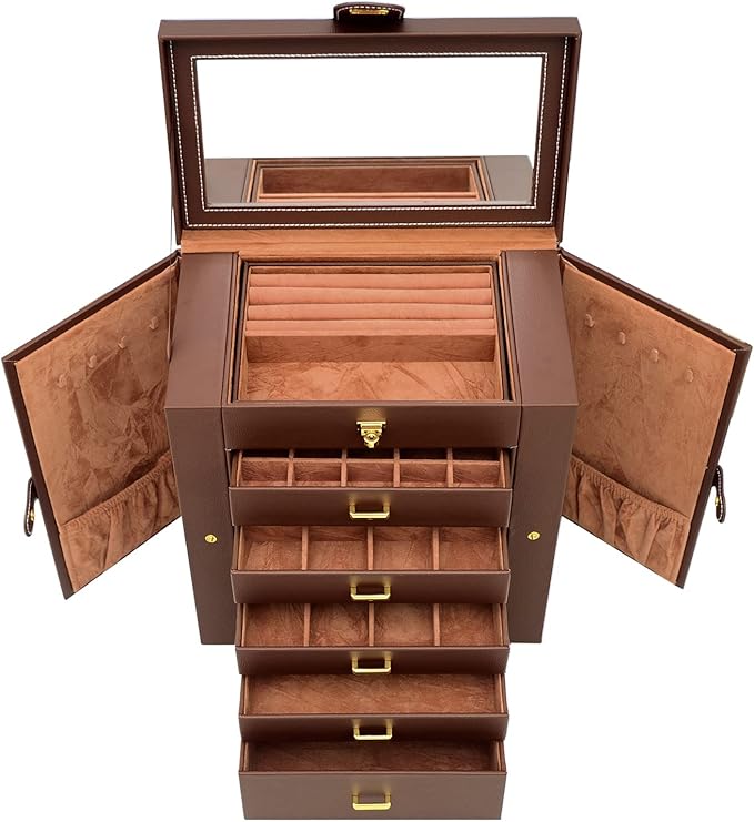 AKOZLIN Extra Large 6-Tier Jewelry Box Organizer with Mirror, 5 Drawers Leather Jewelry Storage Case for Women Girls Ring Nec
