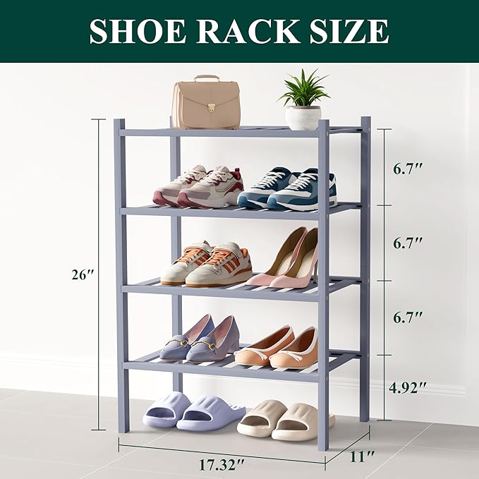 Smiry Bamboo Shoe Rack for Closet, 4 Tier Small Wooden Stackable Shoe Organizer, Free Standing Shoes Storage Shelf for Entryw