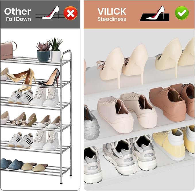 VILICK Shoe Rack for Closet Shoe Organizer Space Saver Storage for 12-15 Pair Shoe Shelf with Hook Free Standing 3 Tier Shoe 