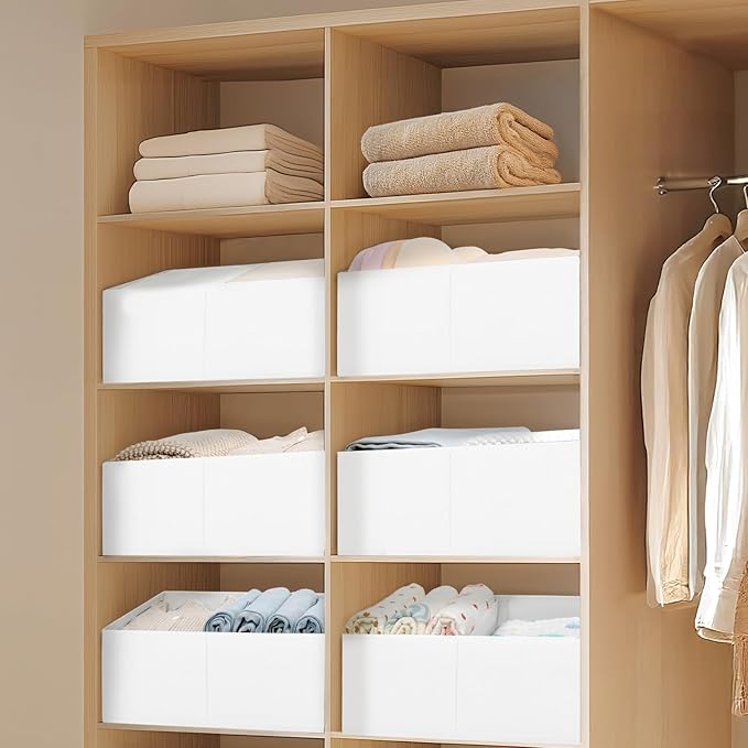 DIMJ Large Closet Shelf Organizer Bins 6 Packs with Handles and Divider, Fabric Trapezoid Storage Baskets, Foldable Clothes C