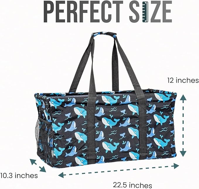 Extra Large Utility Tote Bag - Oversized Collapsible Reusable Wire Frame Rectangular Canvas Basket With Two Exterior Pockets For Beach, Pool, Laundry, Car Trunk, Storage - Whale