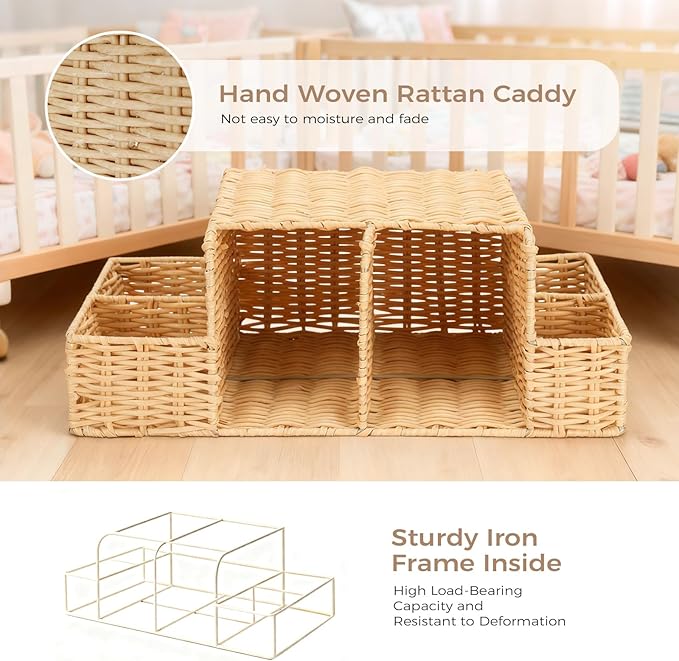 Diaper Caddy Organizer, Hand Rattan Nursery Storage Basket for Baby Essentials, Baby Changing Table Organizer Perfect Nursery