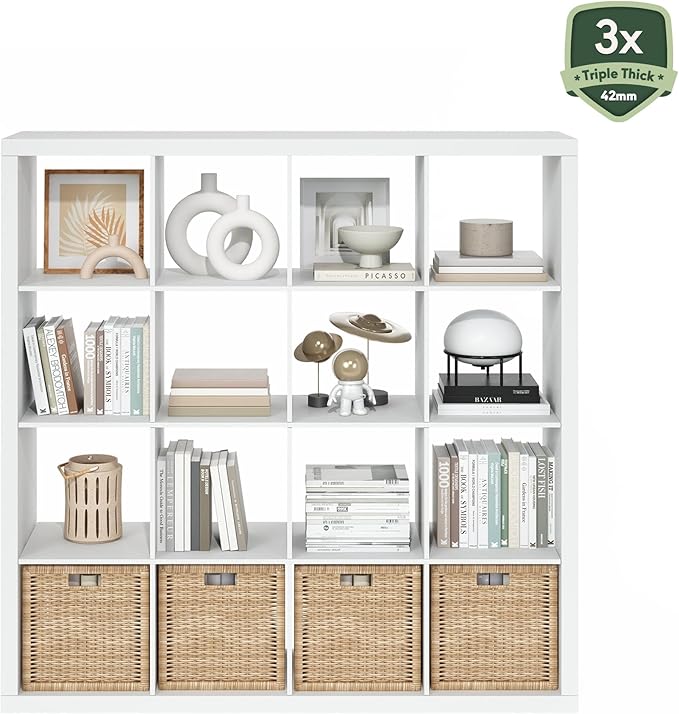 Furinno Cubicle Book Shelf, 16-Cube Bookshelf, Triple Thick Frame Cube Storage Organizer, 1.65" Bookcase, 15.4 x 57.4 x 56.9,