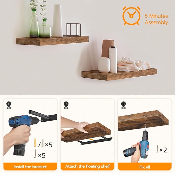 HOOBRO Floating Shelves and Nightstand Bundle, Wall Mounted Shelf Set of 2, End Table with Charging Station, BF40BJ01-BF209UD