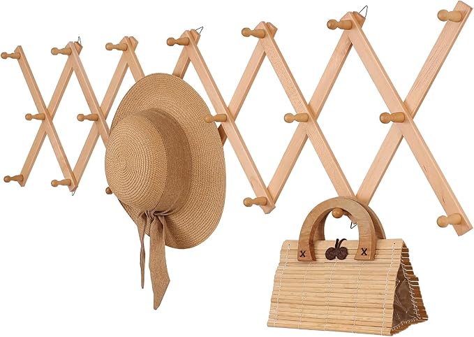 SCUNDA Wall Rack with 20 Hooks, Wooden Wall Expandable Coat Rack for Coat, Hats, Baseball Caps, Coffee Mug, Jewelry(Natural)