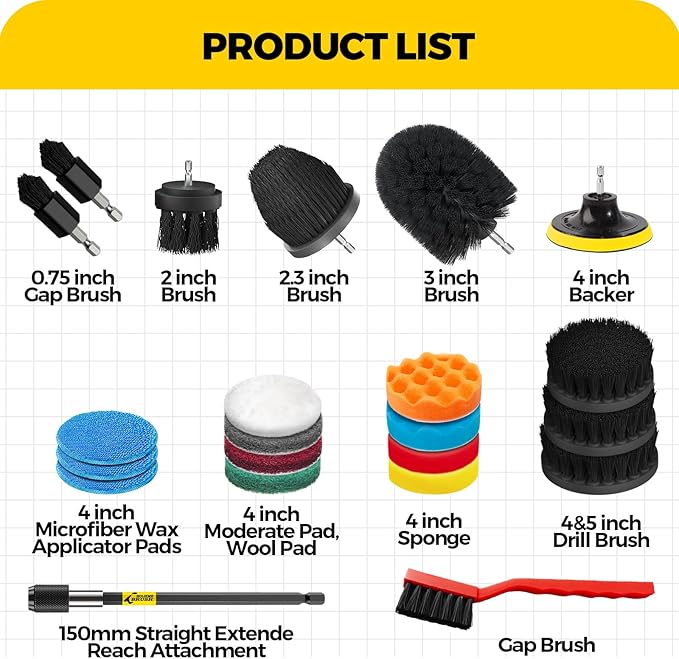 Holikme 22Pack Drill Brush Attachments Set, Scrub Pads & Sponge, Buffing Pads, Power Scrubber Brush, Car Polishing Pad Kit,Wa