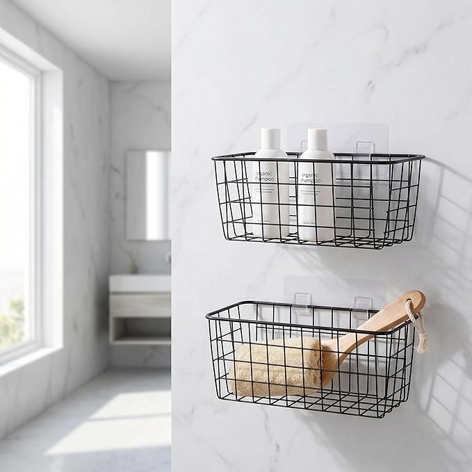 2 Set Adhesive Hanging Wall Basket Inside Cabinet Door Organizer,Wall Storage Basket-No Drilling Adhesive wall Basket for Cup