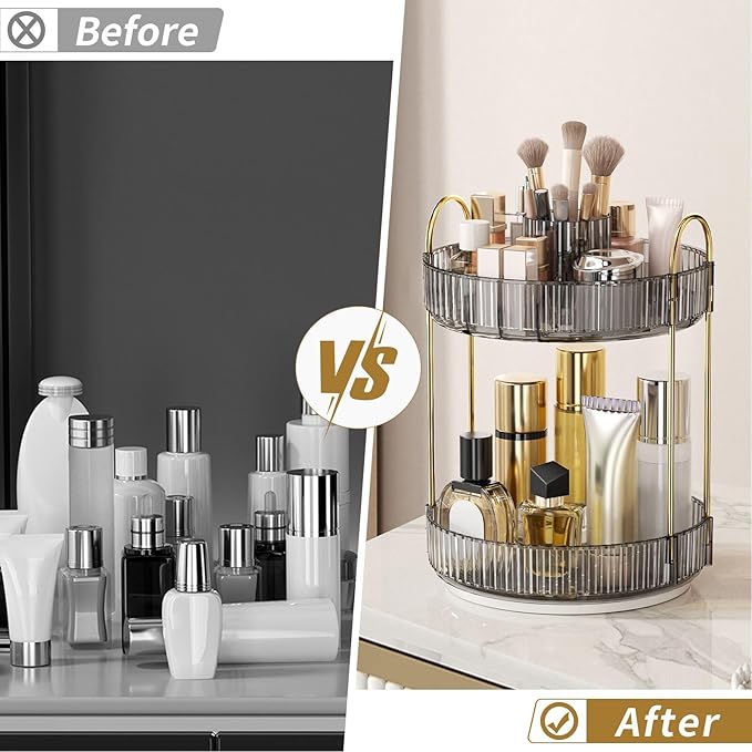 360° Rotating Makeup Organizer, Large-Capacity Skincare Make Up Storage 2 Tier Perfume Organizers Cosmetic Dresser Organizer 