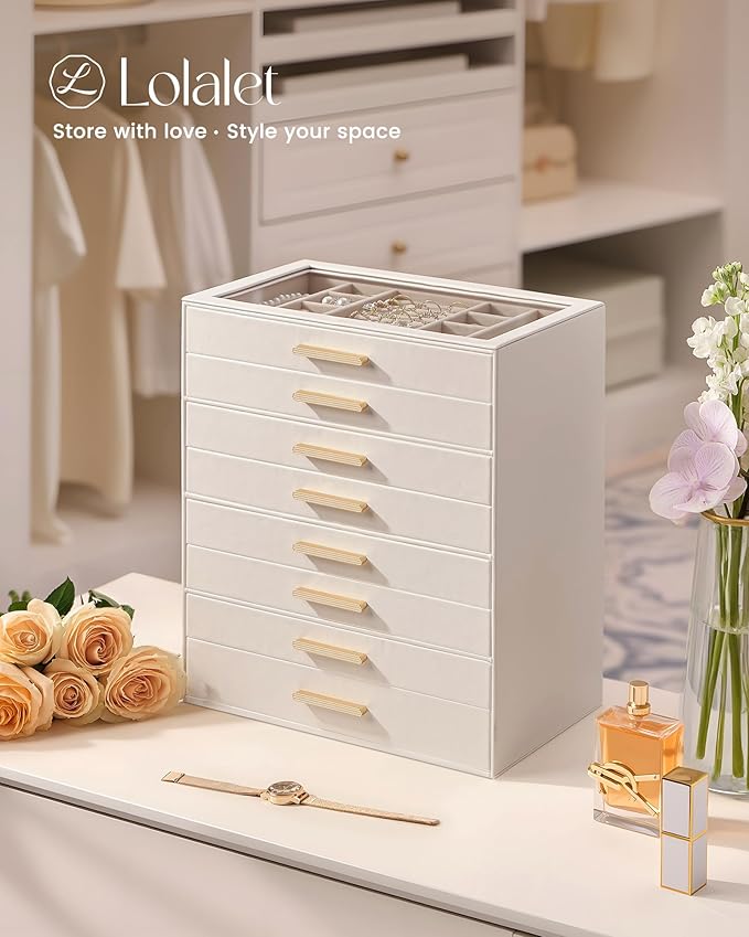 Lolalet Jewelry Box Organizer, 8-Layer Jewelry Organizers and Storage Case with Glass Lid, Ring Earring Bracelet Necklace Hol