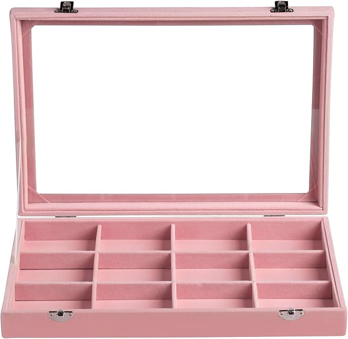 Frebeauty Velvet Jewelry Tray,12 Grid Jewelry Organizer with Clear Lid,Bracelets Holder,Jewelry Display Case with Clasp,Drawe