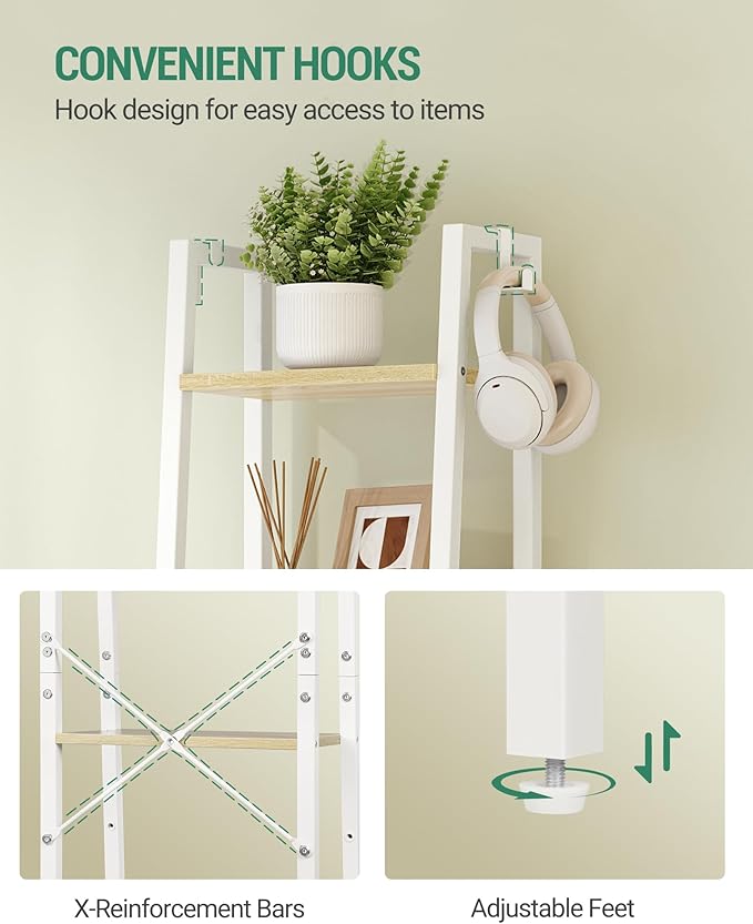 Hzuaneri Ladder Shelf, Bookshelf Bookcase, Freestanding Corner Storage Shelve with 2 Hooks for Home Office, Living Room, Kitc