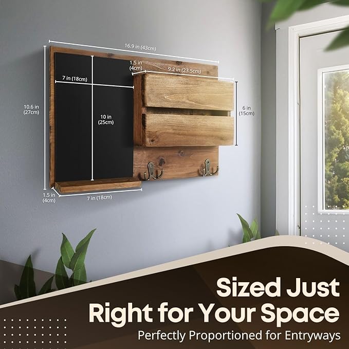 Flexzion Rustic Wood Entryway Mail Sorter Holder, Wall Mount Mudroom Storage Organizer with Blackboard Chalkboard Memo Board 