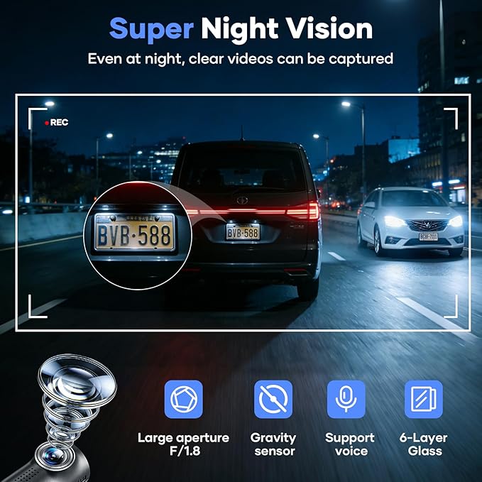 AZDOME Dash Cam Front, 1296P HD Wireless Dash Camera,Dash Cam for Cars Built in WiFi Voice Controlled,Super Night Vision, 130