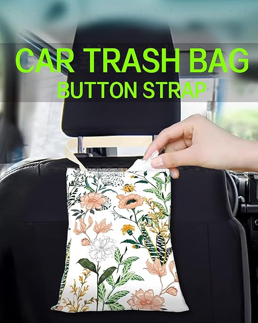 Car Garbage Can, Car Trash Bag, Car Garbage Bag, Hanging Car Trash Can for Car Accessories, Vehicle, Travelling, Camping, Cute Car Back Seat Organizer, White Beautiful Floral