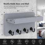 Nekon Key Holder Wall Mount, 8.5 Inch Small Home Decor Wooden Wall Organizer with 4 Hooks and Shelf, Key and Mail Holder for 