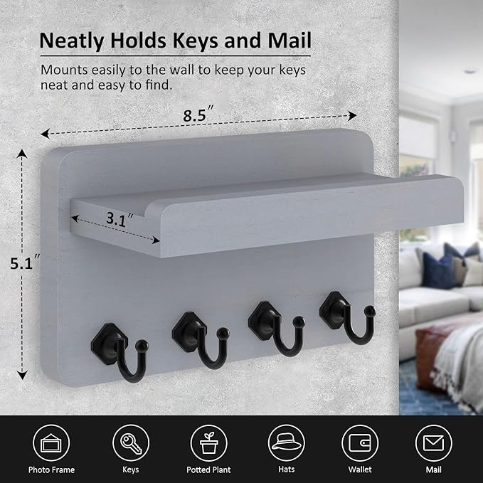 Nekon Key Holder Wall Mount, 8.5 Inch Small Home Decor Wooden Wall Organizer with 4 Hooks and Shelf, Key and Mail Holder for 
