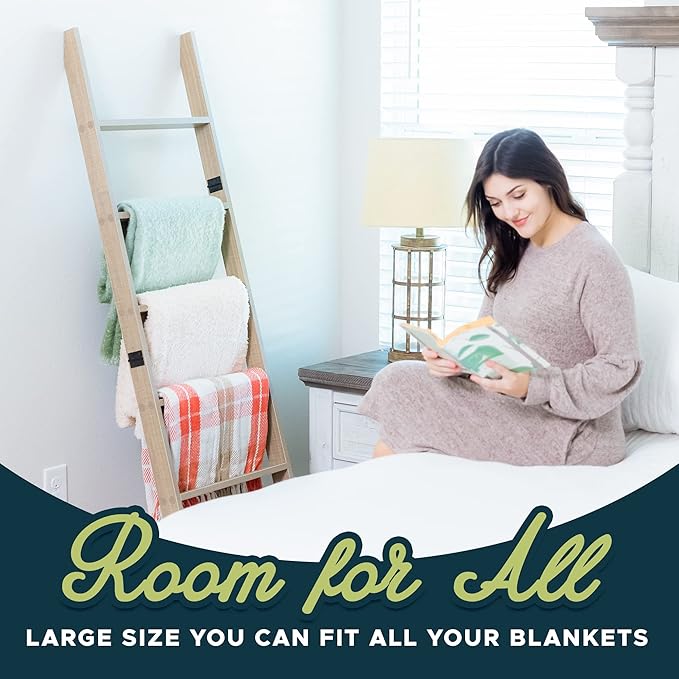 Blanket Ladder for Living Room and Bedroom, 5ft 8 inch, 6-Tier Wall Leaning Laminate No-Snag Construction (Smokey Oak) Rustic