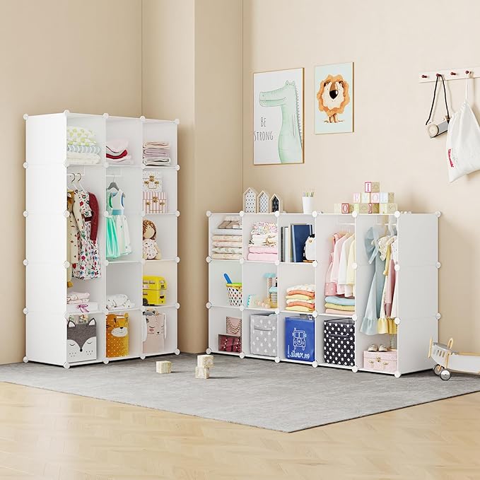 Modular Baby Wardrobe Closet, Portable Children Organizers and Storage for Nursery,15 Cubes with Hanging Rods,Multi-Functiona