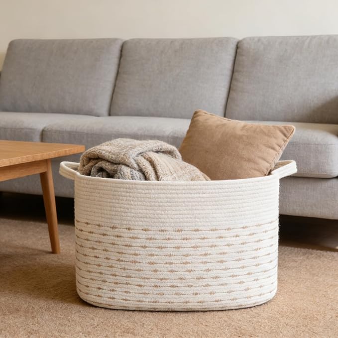 65L Large Blanket Basket,21"x16"x12" Rectangle Storage Bin with Handles,Woven Rope Laundry Basket for Toys, Clothes,Pillows,M
