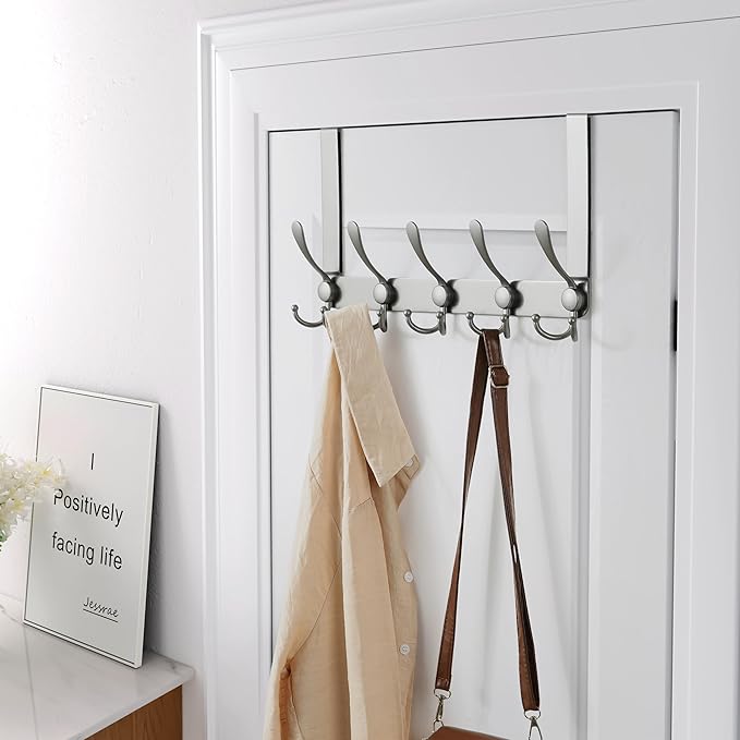 Dseap Over The Door Hook Hanger - Fits 1 3/8" to 1 3/4" Standard Doors | 5 Tri Hooks Heavy Duty Towel/Coat Rack | Door Organi