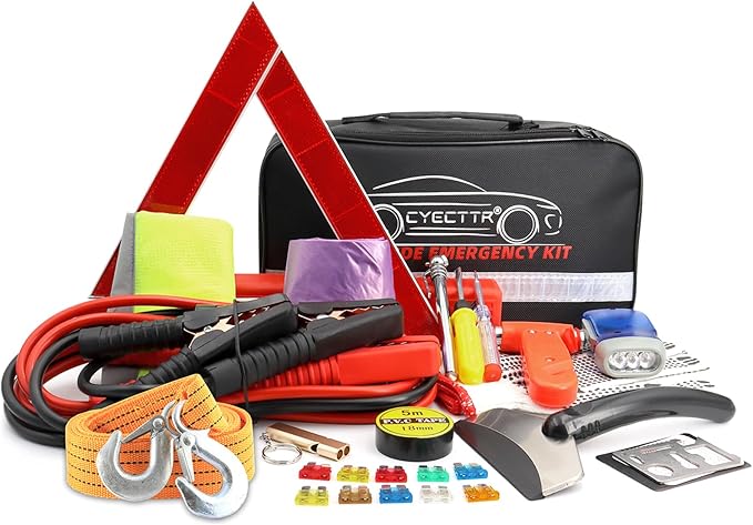 Car Roadside Emergency Kit,Auto Vehicle Truck Safety Emergency Road Side Assistance Kits with Jumper Cables,Safety Hammer,Ref