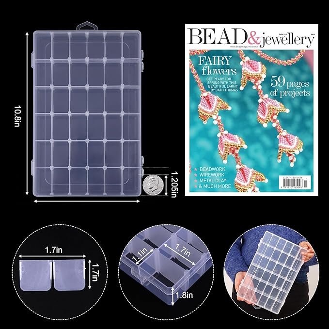 OUTUXED 4 Pack 36 Grids Plastic Bead Organizer Box with Dividers, Clear Craft Tackle Box Parts Storage Containers with Compar